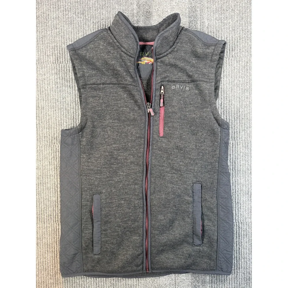 Orvis Mens Full Zip Fleece Lined Sweater Vest Gray Quilted Trim Medium